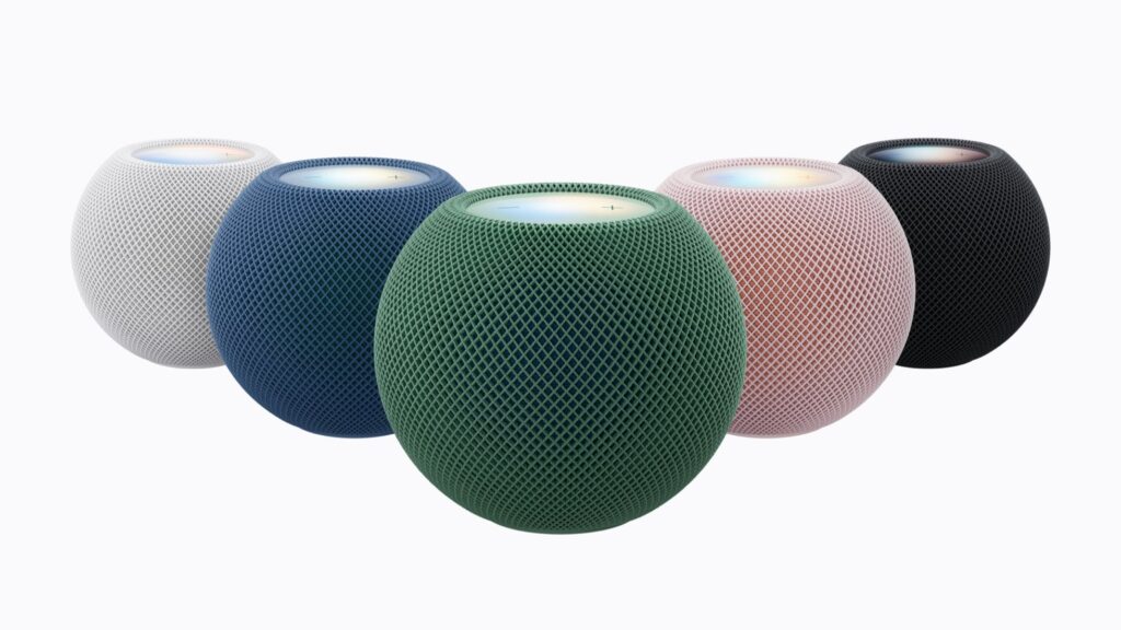 HomePod mini 2 în cele cinci culori: roz, verde, albastru, alb și midnight