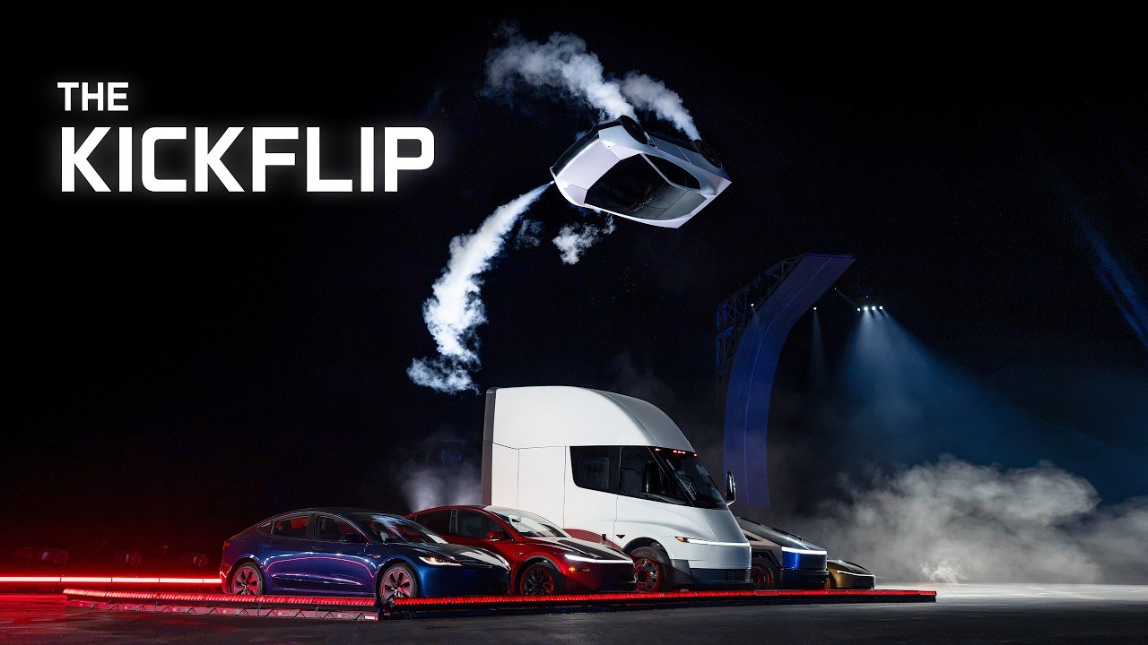 Tesla Roadster sărind peste un camion Tesla Semi